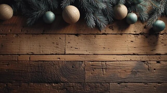 Rustic Christmas Decoration on Wooden Background with Pine Branches and Baubles