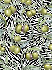 シマウマ模様背景に配置されたオリーブの葉と果実の美しいイラスト