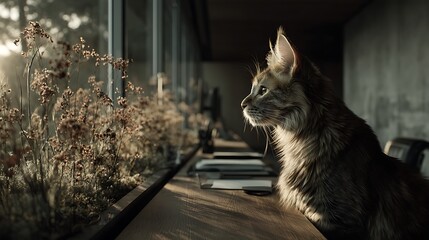 Anthropomorphic Cat CEO Representing Trust and Authority, Minimal Executive Office, Cinematic Advertising Photography with Copy Space