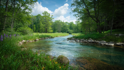 River through green forest with clear water and wildflowers under blue sky