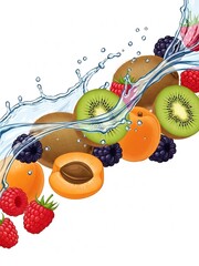 新鮮な果物と水のしぶきが爽やかな夏らしいイメージのイラスト