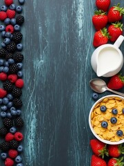 青い木製背景に置かれた新鮮なベリー、シリアル、ミルクが朝食の静物画を構成する