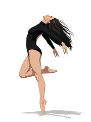黒いレオタード姿の女性が美しい姿勢で踊るイラスト