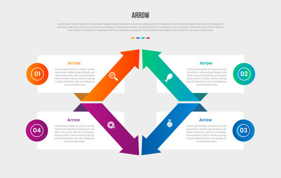 Arrow base shape infographics gradient template diagram with creative arrow on quadrant structure create rhombus center space with 4 point step creative