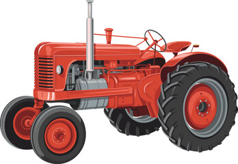 Obraz premium Classic red farm tractor vector illustration showcasing agricultural machinery equipment for rural farming cultivation transport vintage vehicle design concept