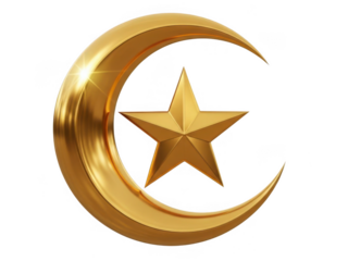 Golden crescent and star symbol isolated on transparent background