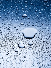 青い背景に多数の水滴が光を反射し、美しい表面を形成している写真