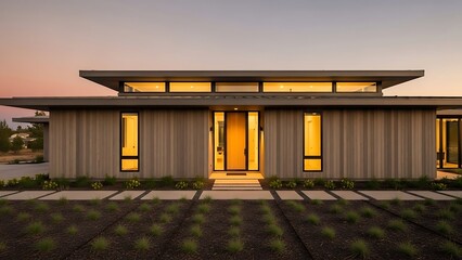 Fototapeta premium Modern Contemporary Luxury Home with Warm Interior Lighting at Sunset