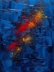 青色の背景に赤い点と黄色の飛沫が印象的な抽象絵画