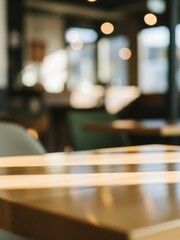 ぼやけたカフェのテーブルと椅子の写真、暖かい照明が特徴的な屋内空間