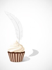 甘いクリームを飾ったカップケーキの上に白い羽根が優雅に飾られている美しいイラスト