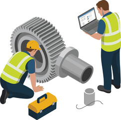 Fototapeta premium Industrial gear inspection illustration showing maintenance workers analyzing large machinery component using tools laptop safety equipment vector engineering manufacturing industry
