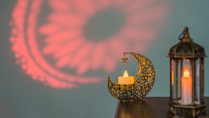 Ramadan lantern background, Traditional ornament crescent moon star with shadow red light islamic pattern wall background well space for text Ramadan Kareem, Eid Mubarak, Eid al Adha, Eid al Fitr