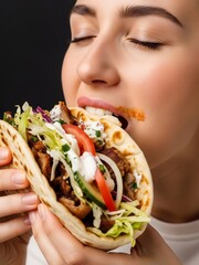 美味しそうなケバブを食べる若い女性、目を閉じて味わう幸せそうな表情