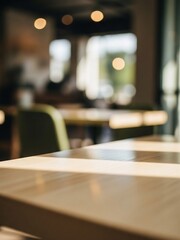 光が差し込むカフェのテーブル席、穏やかな雰囲気の店内風景写真