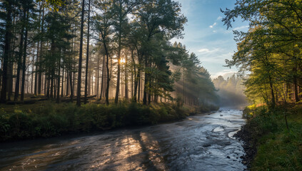 Morning sun through pine forest over misty river, peaceful nature scene
