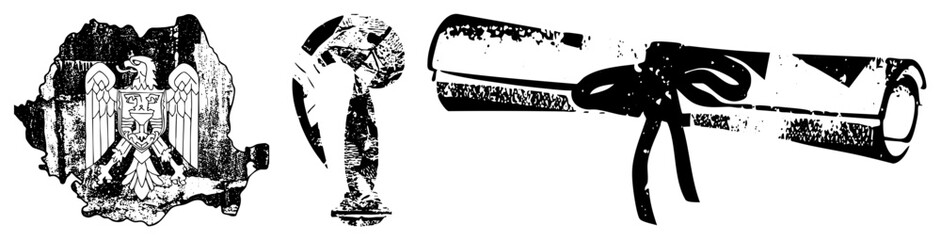 Naklejka premium Romanian Coat of Arms, World Cup Trophy, and Diplomatic Scroll Vector