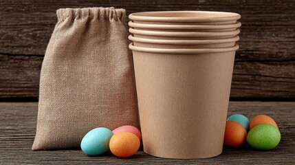 Stacked kraft paper cups and a rustic burlap pouch sit among pastel candy eggs on weathered wood, conveying eco friendly celebration themes for Easter or party branding.