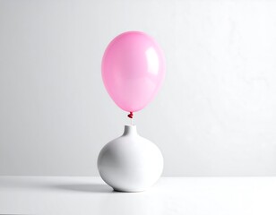 Minimalist composition features a glossy pink balloon suspended above a smooth white ceramic vase against a clean white backdrop