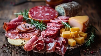 Luxurious spread of sliced meats, assorted cheeses, herbs, and peppercorns on rustic wood, ideal for wine pairings, party invitations, and upscale food branding.