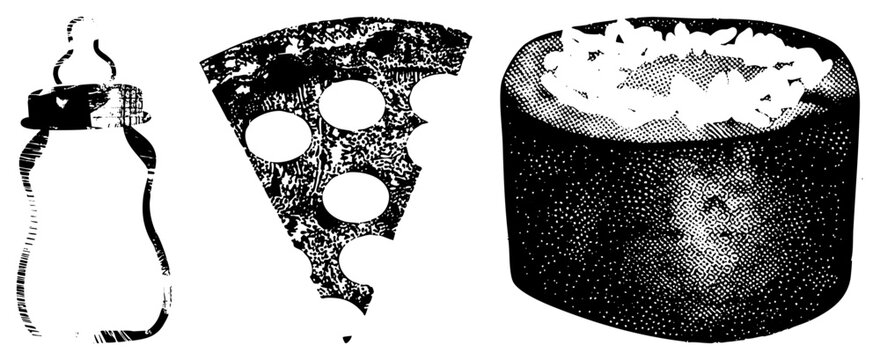 Baby Bottle, Pizza Slice, and Sushi Roll Vector in Halftone Style