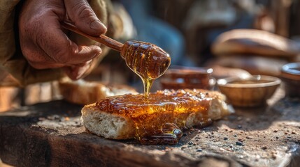 Honey dripping onto bread rustic still life