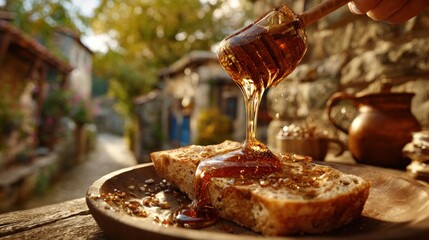 Honey pouring on bread rustic setting