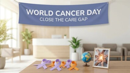 A bright, modern reception area features a large banner promoting global health awareness and advocating for equitable access to essential care. On a polished wooden table in the foreground, several l