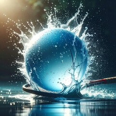 Blue sphere plunges into water, creating a dynamic splash, captured with shimmering light and dark, blurred background