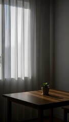 A small potted plant sits on a wooden table near a window with sheer curtains, softly illuminated by natural light.