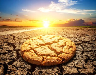 Large cookie rests on cracked earth against a setting sun