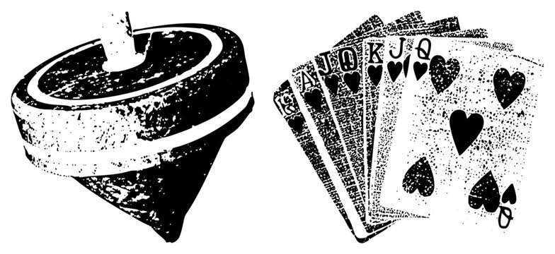 Vintage Playing Cards and Top Hat in Halftone Vector Style