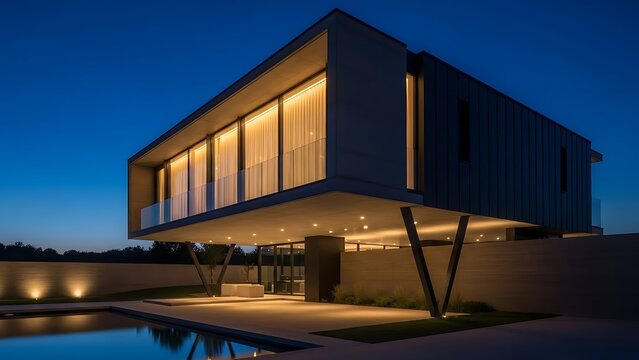 Modern Creative Container House at Night with Reflective Pool for Innovative Architecture and Luxury Living