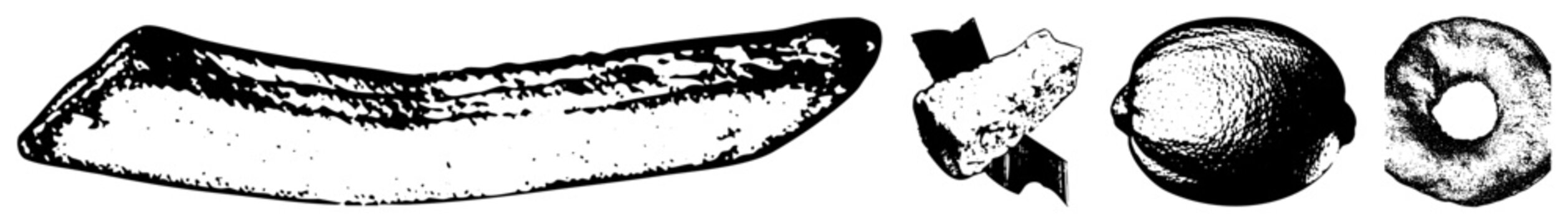 Four Edible Items Illustrated in Black and White Vector Style