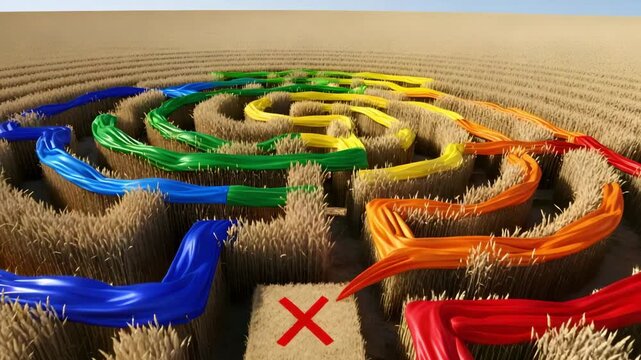 Vibrant maze in wheat field with colorful paths