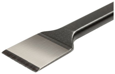 Flat metal chisel tool with sharp blade for construction on a transparent background