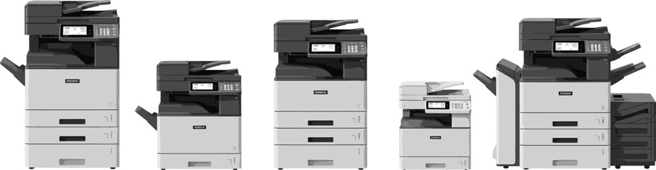 Set of Modern Office Photocopy Machines and Multi-Function Laser PrintersSet of Modern Office Photocopy Machines and Multi-Function Laser Printers