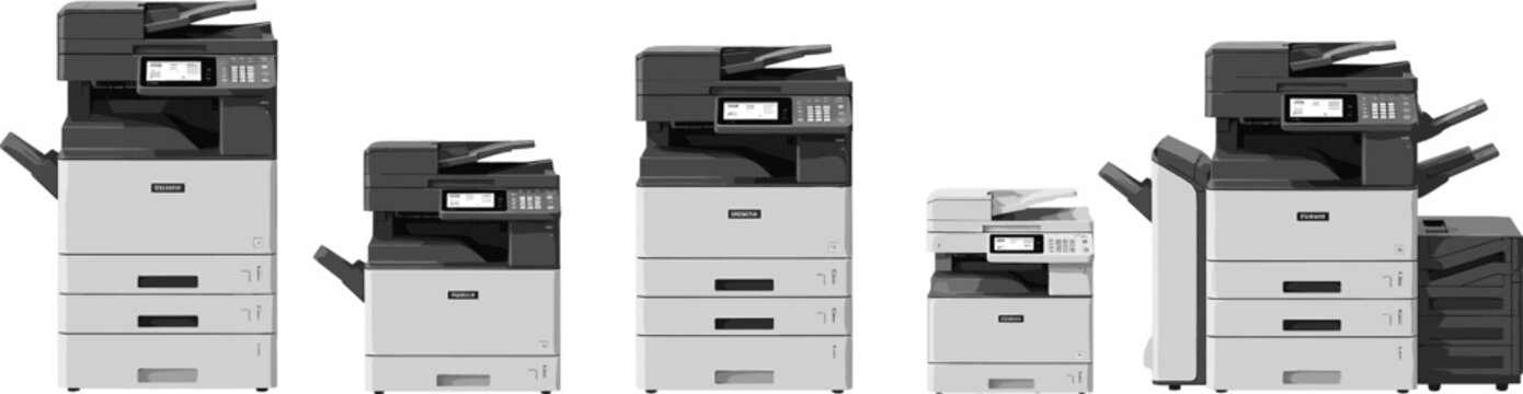 Set of Modern Office Photocopy Machines and Multi-Function Laser PrintersSet of Modern Office Photocopy Machines and Multi-Function Laser Printers