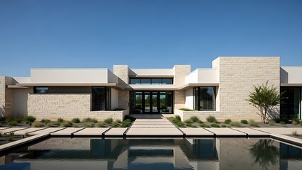 Fototapeta premium Modern Luxury House Exterior with Pool and Landscaping
