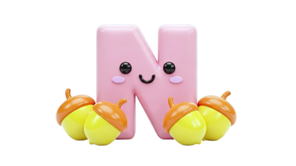 Cute Pink Letter N with Acorns