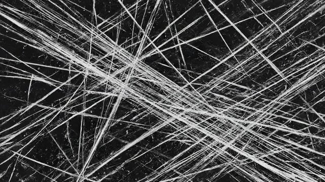Intense, high-contrast monochrome grunge texture of chaotic tangled white lines and deep scratches set against a dark, dramatic background, perfect for distressed overlays.