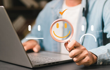 Online customer satisfaction survey feedback and ratings for business success, User give rating to service experience on online application, Quality service evaluation positive customer reviews.