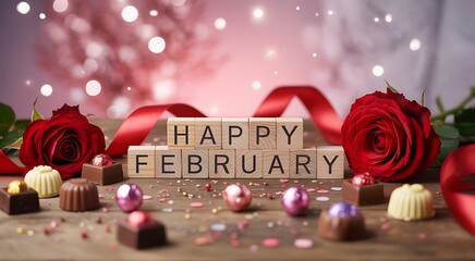 Happy February with roses, chocolates, and confetti on the table.