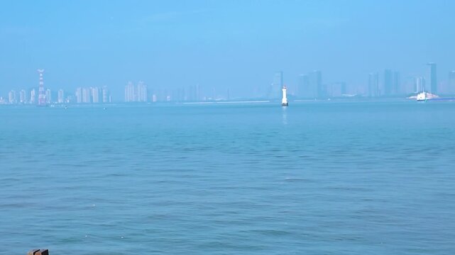 Daytime sea view of Xiamen city, Fujian Province, China. Beautiful cityscape and landscape in China.