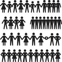 Stick Figure People Holding Hands in Rows, Gender Diversity, Unity, Community, Family, Baby, Social Group, Icon Style, Togetherness