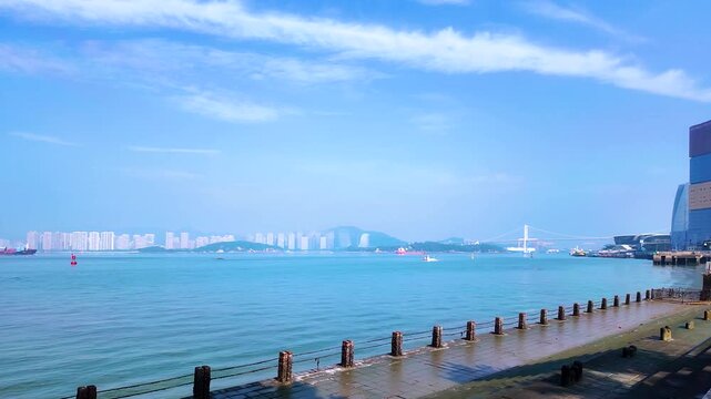Daytime sea view of Xiamen city, Fujian Province, China. Beautiful cityscape and landscape in China.
