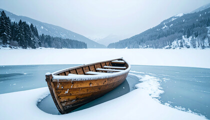A wooden boat lies abandoned on a frozen lake surrounded by snow-covered mountains
