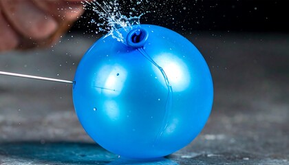 Blue balloon popping. Water sprays as a needle pierces it on a gray surface with a dark background and bright light