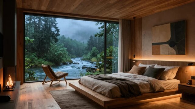 Warm, amber ambient light illuminates a cozy wooden minimalist bedroom featuring a low platform bed, contrasted by the dramatic, rainy view of a rushing river and lush green forest outside the floor