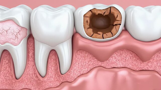 Close up rendering of teeth with cavities showing different stages of tooth decay textures and colors set against a pink gum backdrop